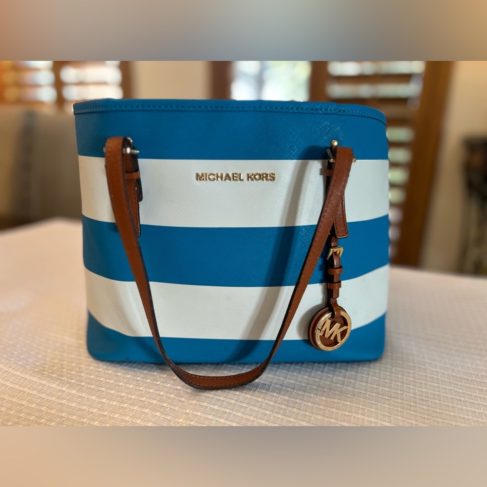MICHAEL Michael Kors Blue and White Striped Tote with Brown Leather Straps